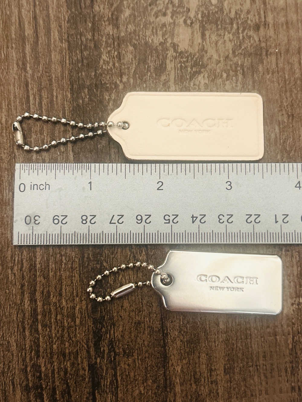 Coach 1 White Leather & 1 Silver Metal Hang Tags with Silver Chains